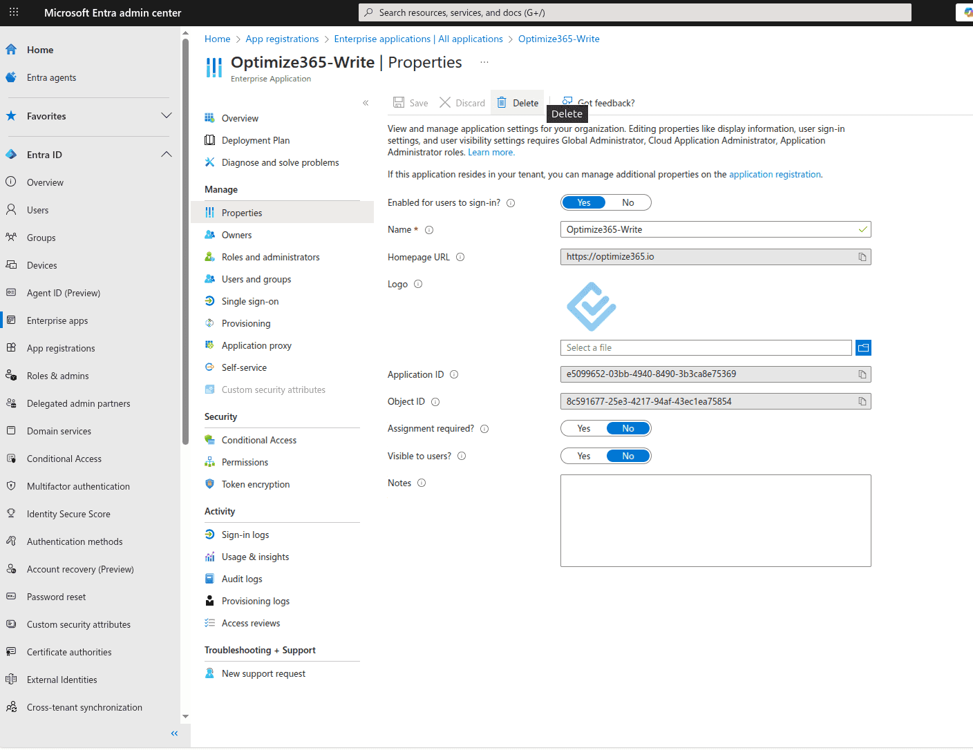 Application Properties Delete