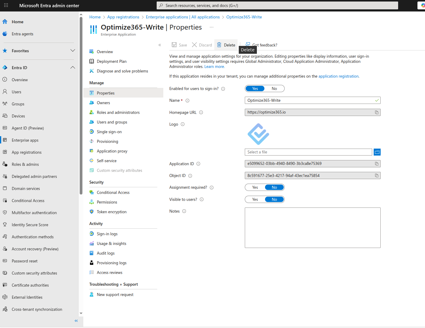 Application Properties Delete