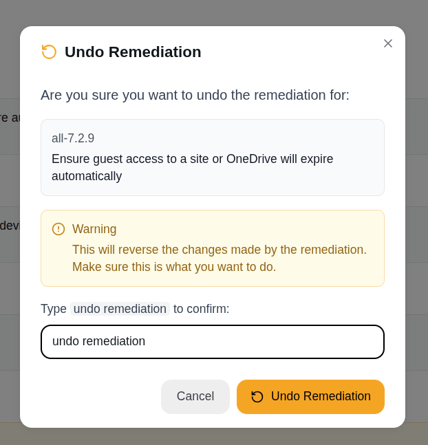 Undo Remediation dialog